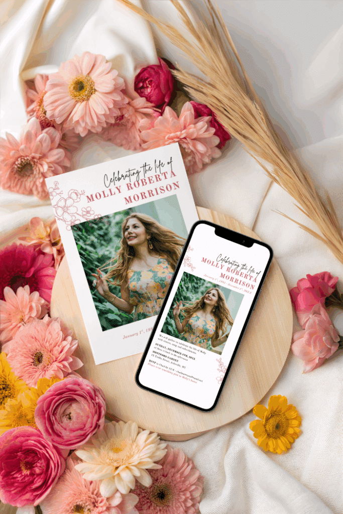 A phone and a postcard invitation to a celebration of life with pink and yellow flowers in background